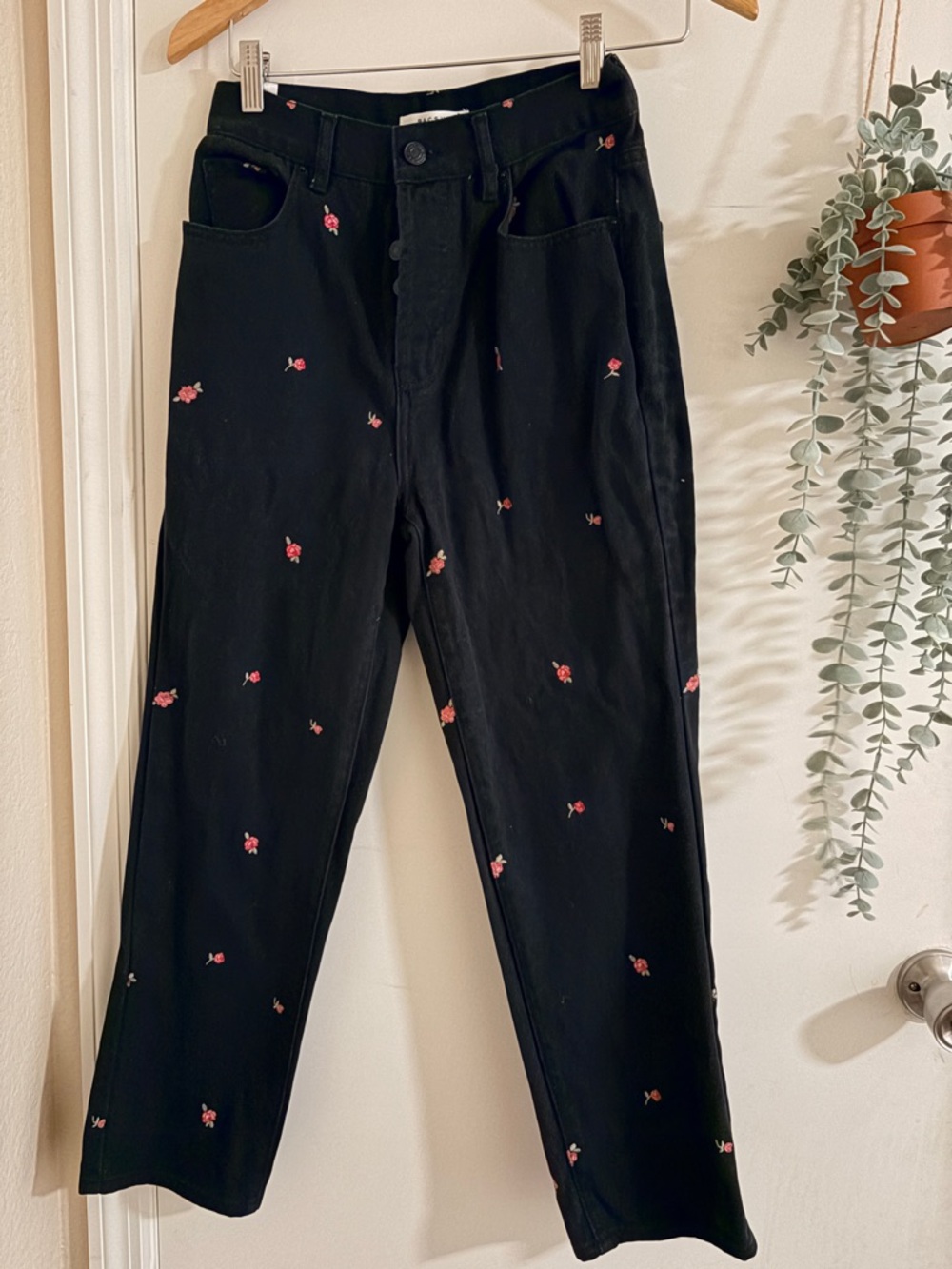 PacSun Black Straight Leg Jeans with Pink Floral Embroidery